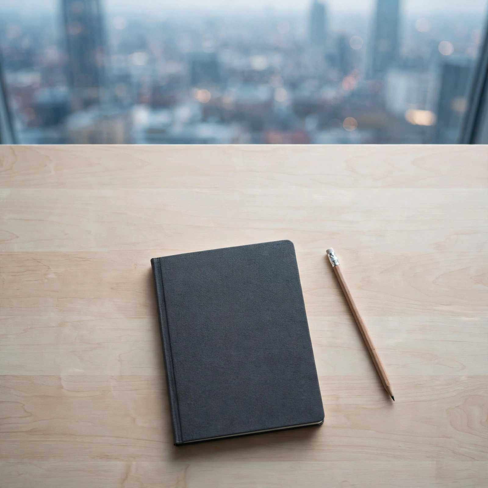 Cuaderno y lápiz sobre mesa de madera con vista a la ciudad al fondo