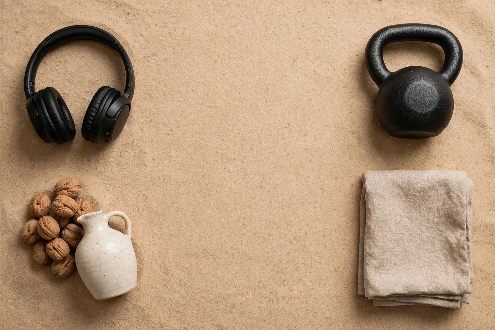 Composición de auriculares, kettlebell, nueces y toalla de lino sobre arena, representando los cuatro pilares