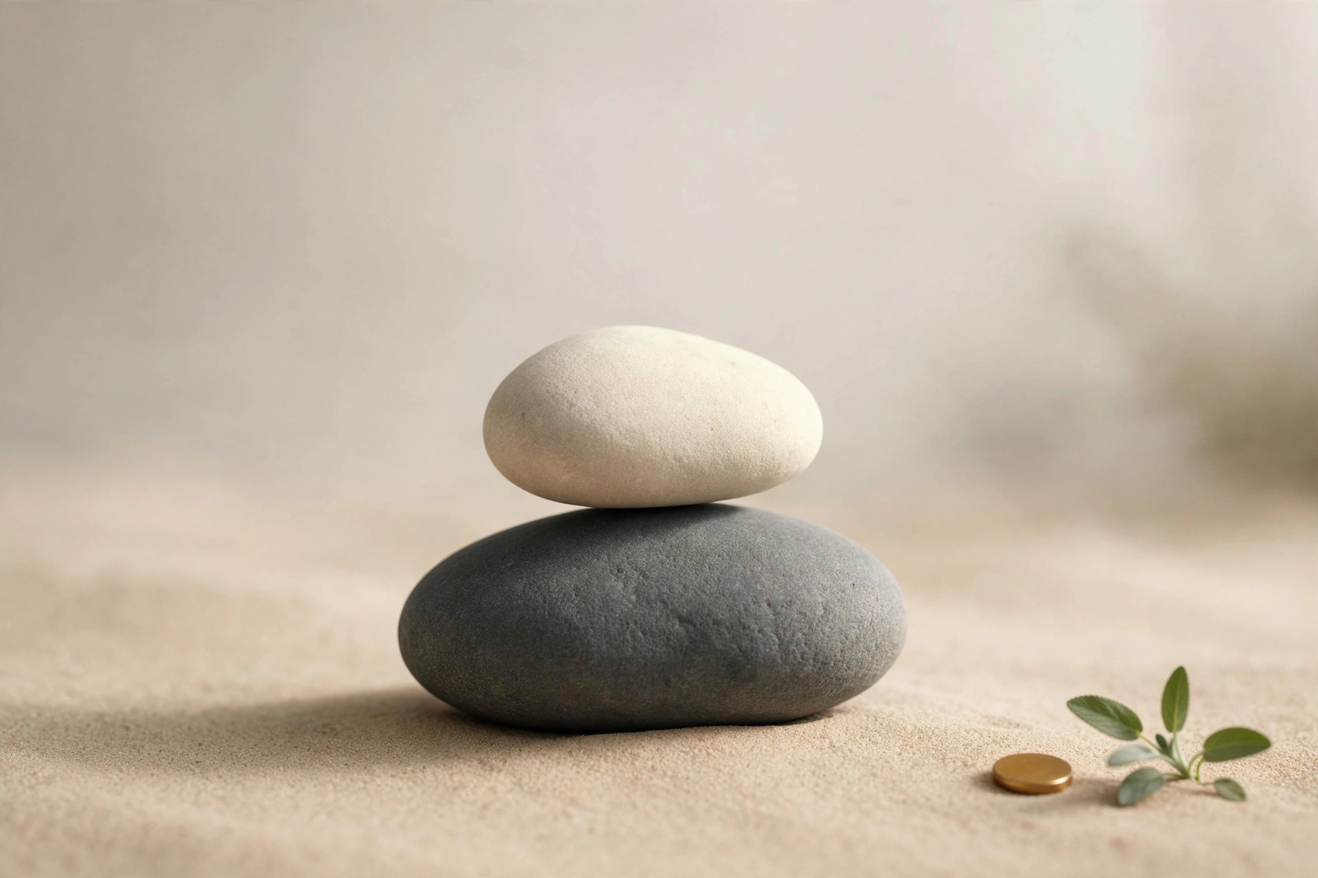 Dos piedras equilibradas sobre arena junto a una moneda de bronce y una ramita de salvia